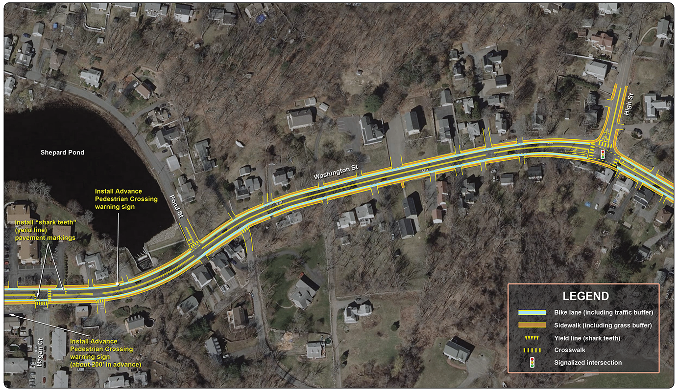 Figure 20: Residential Section Conceptual Plan
This figure displays an aerial satellite image with proposed improvements in the residential section of the Washington Street corridor. Notable improvements include a signal at the High Street intersection and implementing bike lanes along the roadway.